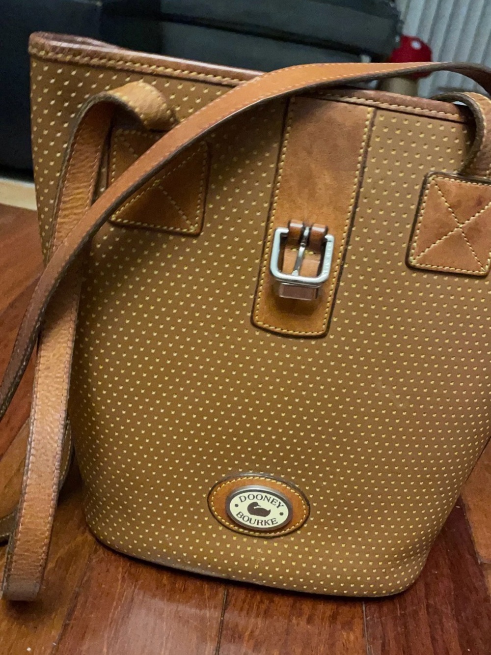 Dooney & Bourke Tan Dot-Pattern Leather Bucket Shoulder Bag